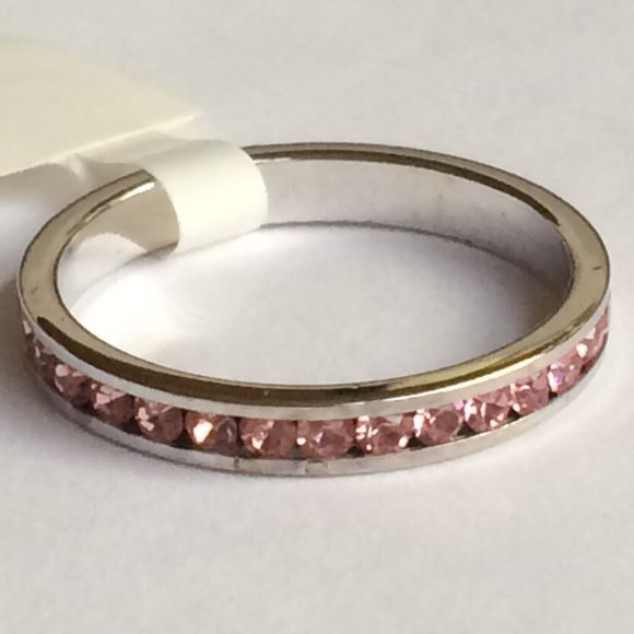 Pink Cubic Zirconia Eternity Ring Size 9 Band Stackable Silver Rhodium Plated - Picture 7 of 9